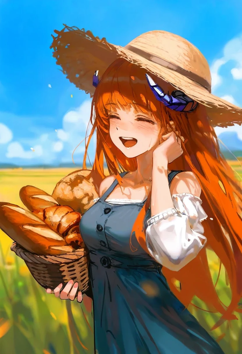 wlop,[[dino \(dinoartforame\)]],[[[as109]]],ciloranko, - 1girl,bagpipe \(arknights\),arknights,baguette,blush,bread,croissant,holding basket,pretzel,upper body,straw hat,field,sky,laughing,sweat,sunlight,