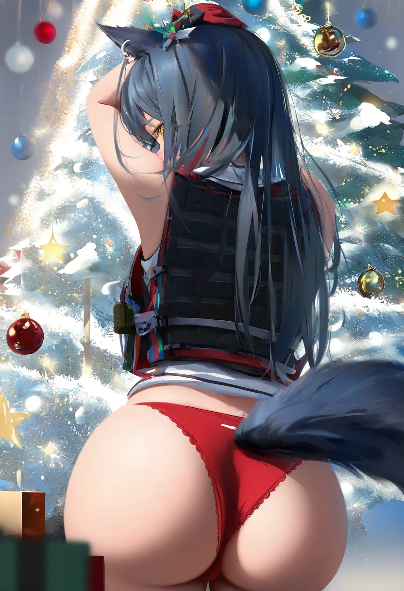 agm,houkisei,wlop, - 1girl,texas \(arknights\),arknights,underwear,tactical vest,christmas tree,christmas ornaments,