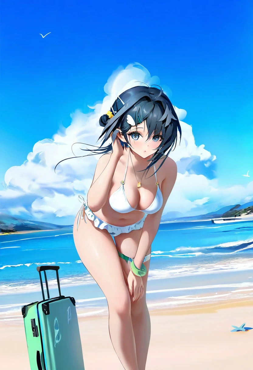 agm,houkisei,wlop, - 1girl,la pluma \(summer flowers\) \(arknights\),arknights,white bikini,outdoors,navel,day,sky,blue sky,beach,suitcase,looking at viewer,ocean,low-tied long hair,leaning forward,standing,holding,frills,hand up,bare shoulders,floating hair,