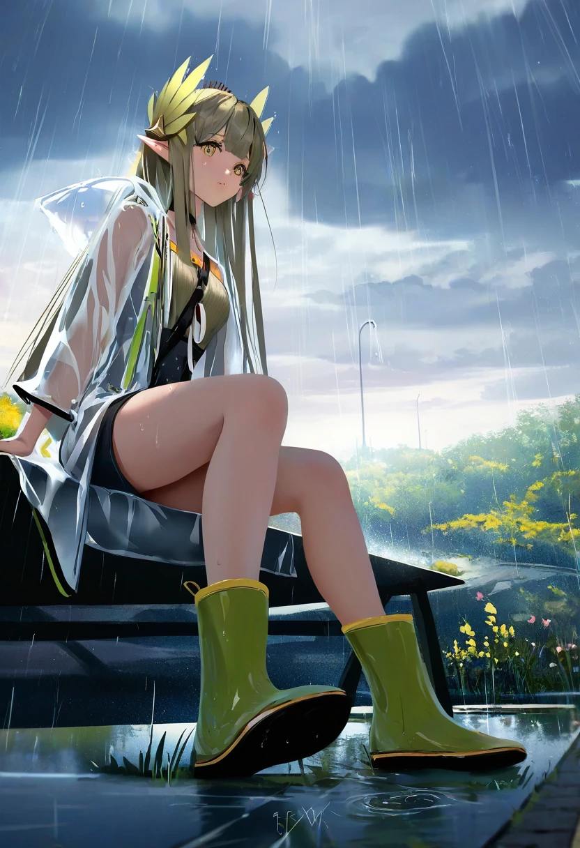 agm,houkisei,wlop, - 1girl,muelsyse \(arknights\),arknights,cloudy sky,grass,on bench,outdoors,rain,road,yellow rubber boots,see-through coat,sitting,transparent raincoat,water drop,