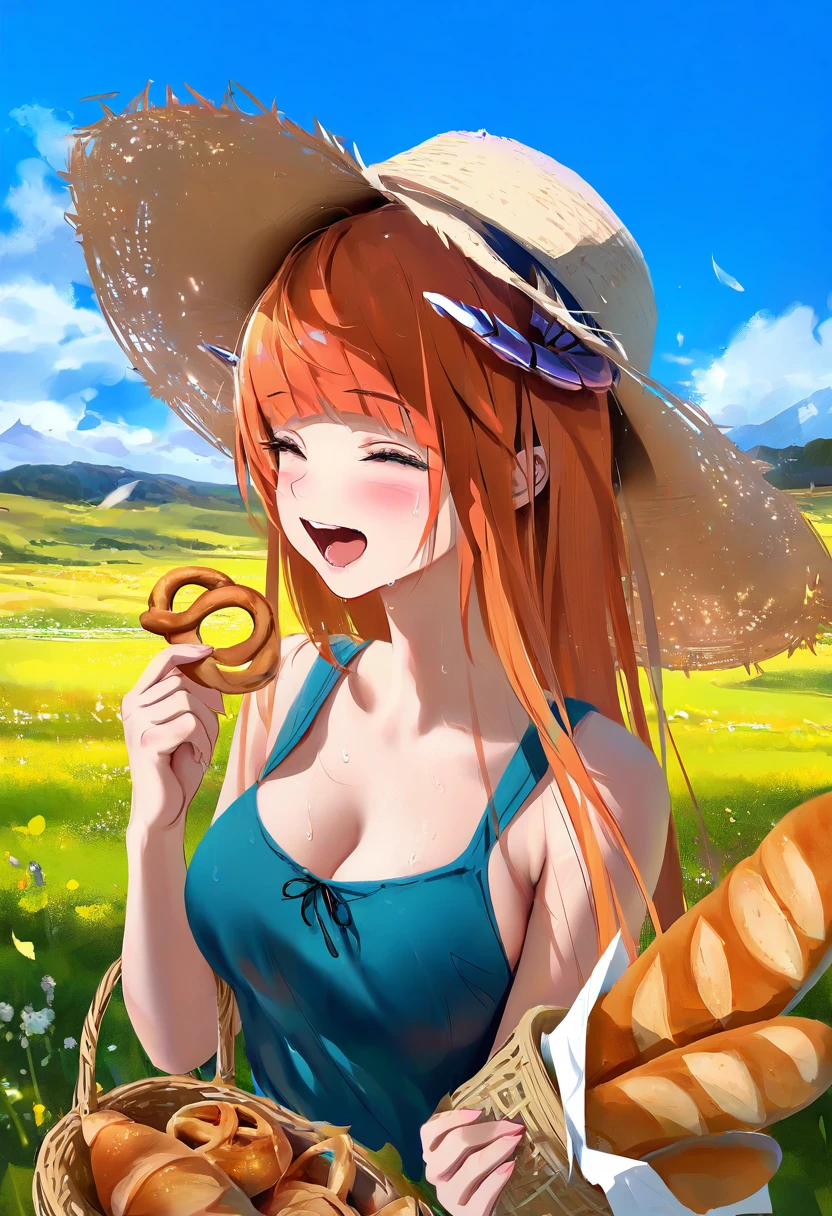 agm,houkisei,wlop, - 1girl,bagpipe \(arknights\),arknights,baguette,blush,bread,croissant,holding basket,pretzel,upper body,straw hat,field,sky,laughing,sweat,sunlight,