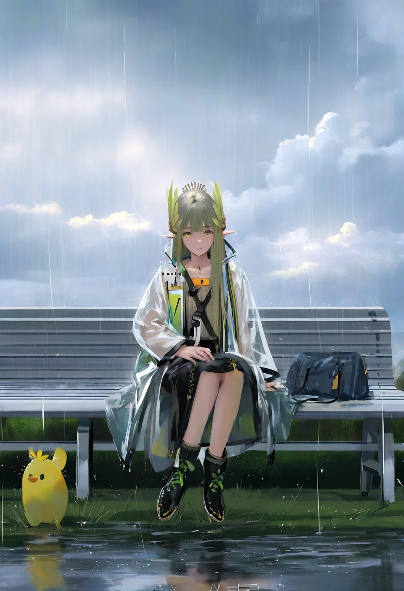 [ZED],[wlop],[AGM],[onineko], - 1girl,muelsyse \(arknights\),arknights,cloudy sky,grass,on bench,outdoors,rain,road,yellow rubber boots,see-through coat,sitting,transparent raincoat,water drop,