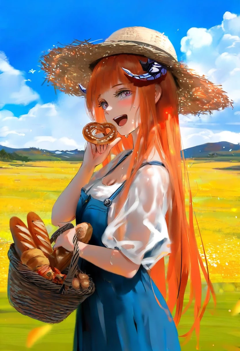 [ZED],[wlop],[AGM],[onineko], - 1girl,bagpipe \(arknights\),arknights,baguette,blush,bread,croissant,holding basket,pretzel,upper body,straw hat,field,sky,laughing,sweat,sunlight,
