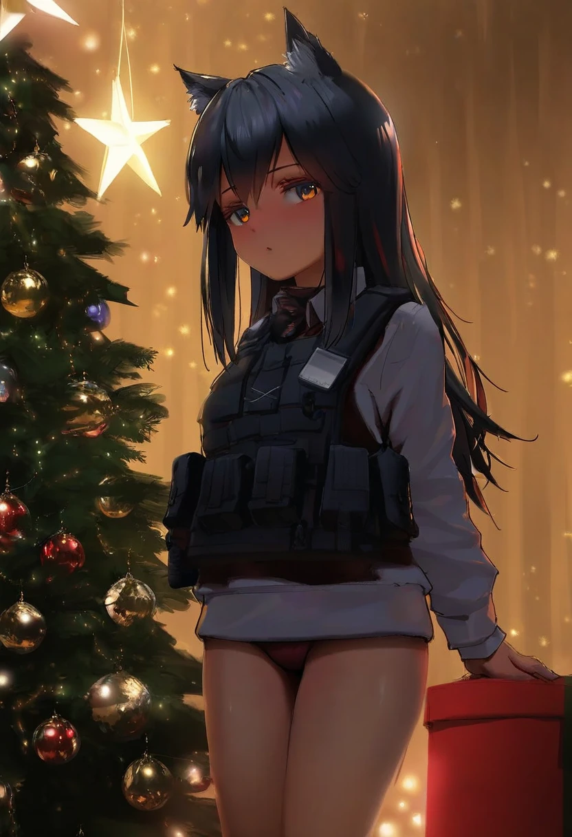 ((carbon12th)),(ayagi daifuku),(alphonse \(white datura\)),wlop, - 1girl,texas \(arknights\),arknights,underwear,tactical vest,christmas tree,christmas ornaments,