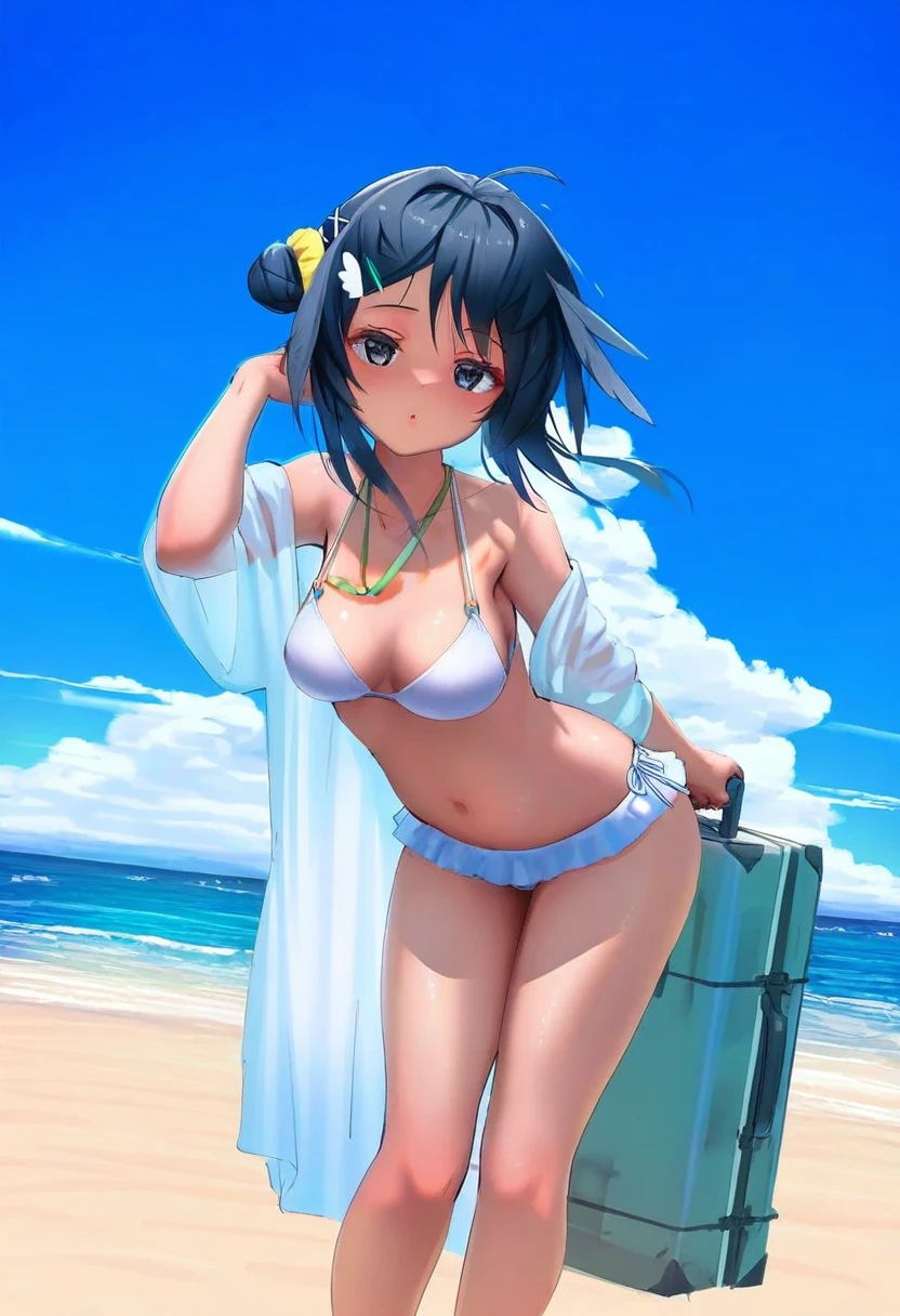((carbon12th)),(ayagi daifuku),(alphonse \(white datura\)),wlop, - 1girl,la pluma \(summer flowers\) \(arknights\),arknights,white bikini,outdoors,navel,day,sky,blue sky,beach,suitcase,looking at viewer,ocean,low-tied long hair,leaning forward,standing,holding,frills,hand up,bare shoulders,floating hair,