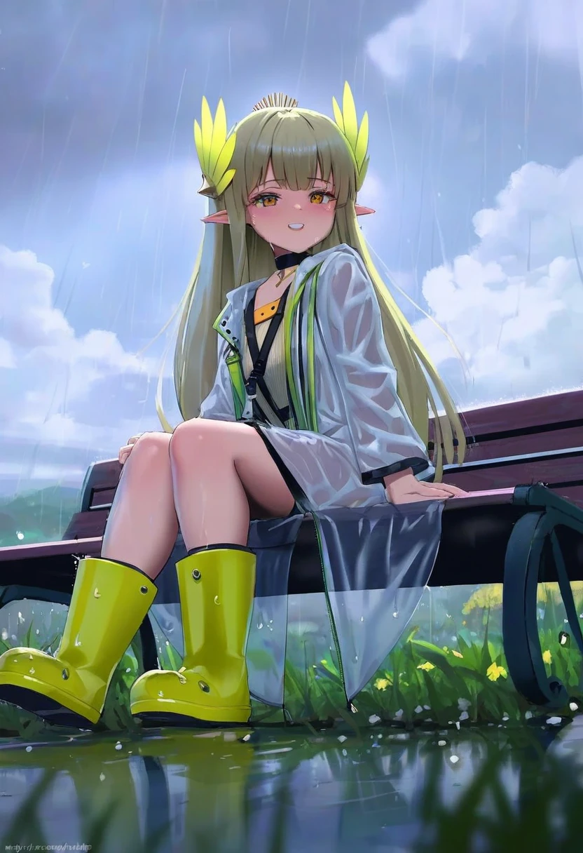 ((carbon12th)),(ayagi daifuku),(alphonse \(white datura\)),wlop, - 1girl,muelsyse \(arknights\),arknights,cloudy sky,grass,on bench,outdoors,rain,road,yellow rubber boots,see-through coat,sitting,transparent raincoat,water drop,
