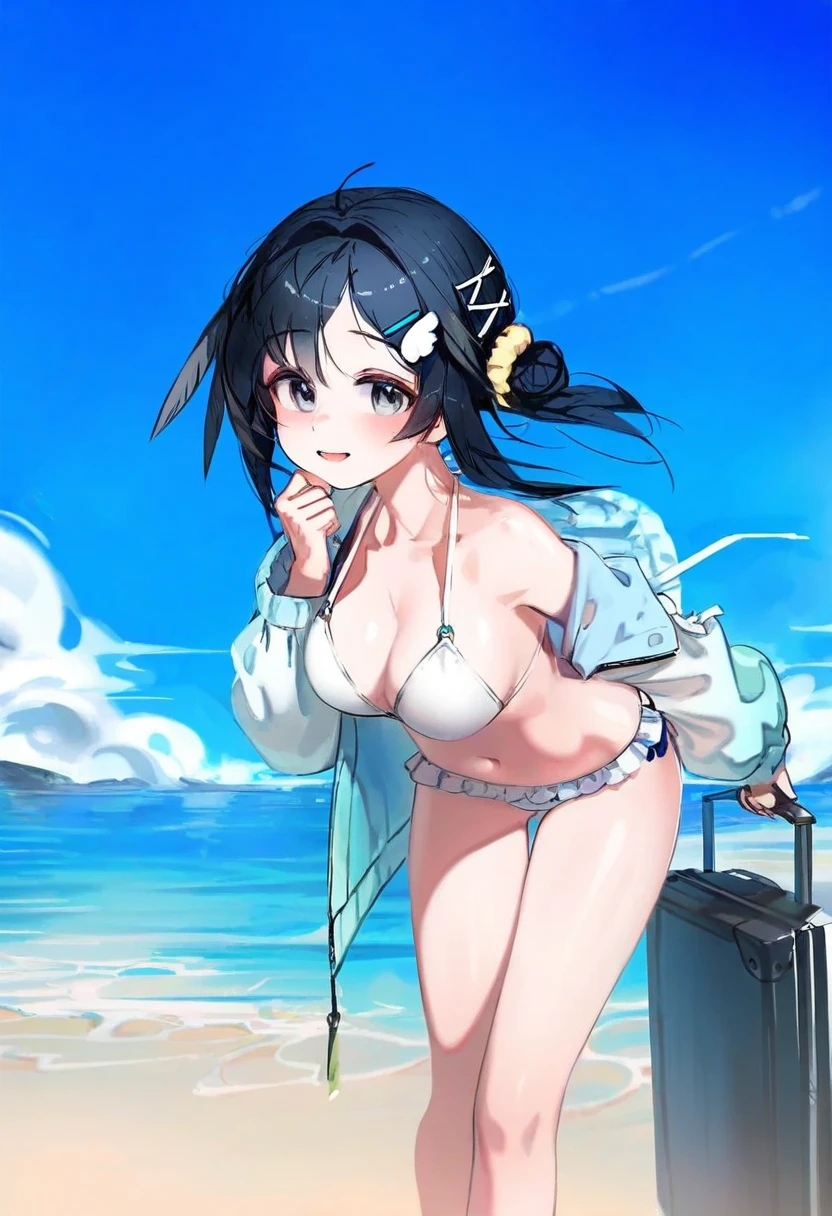 (ribiadan),[ciloranko],mikaze oto,[wlop], - 1girl,la pluma \(summer flowers\) \(arknights\),arknights,white bikini,outdoors,navel,day,sky,blue sky,beach,suitcase,looking at viewer,ocean,low-tied long hair,leaning forward,standing,holding,frills,hand up,bare shoulders,floating hair,