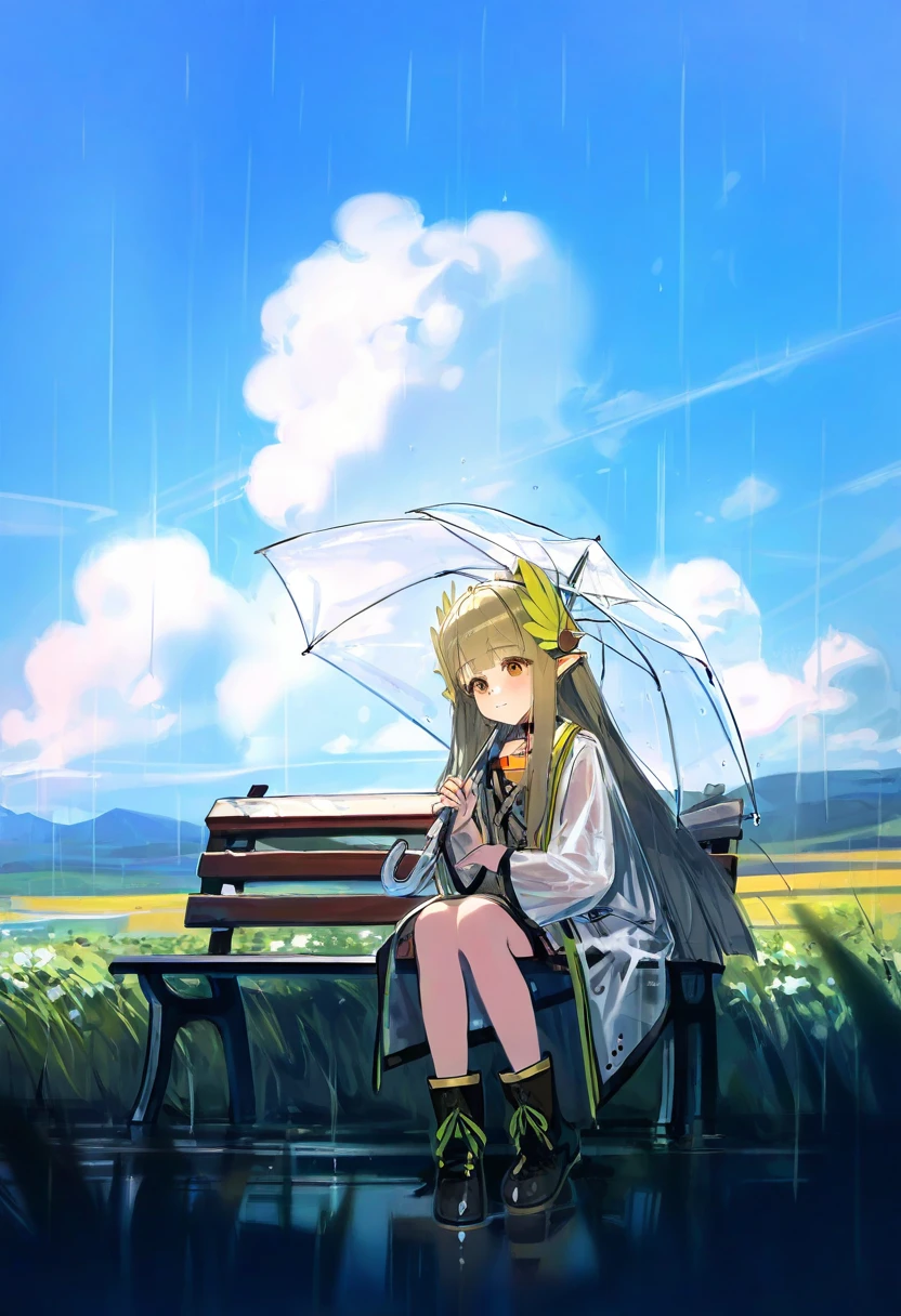 (ribiadan),[ciloranko],mikaze oto,[wlop], - 1girl,muelsyse \(arknights\),arknights,cloudy sky,grass,on bench,outdoors,rain,road,yellow rubber boots,see-through coat,sitting,transparent raincoat,water drop,