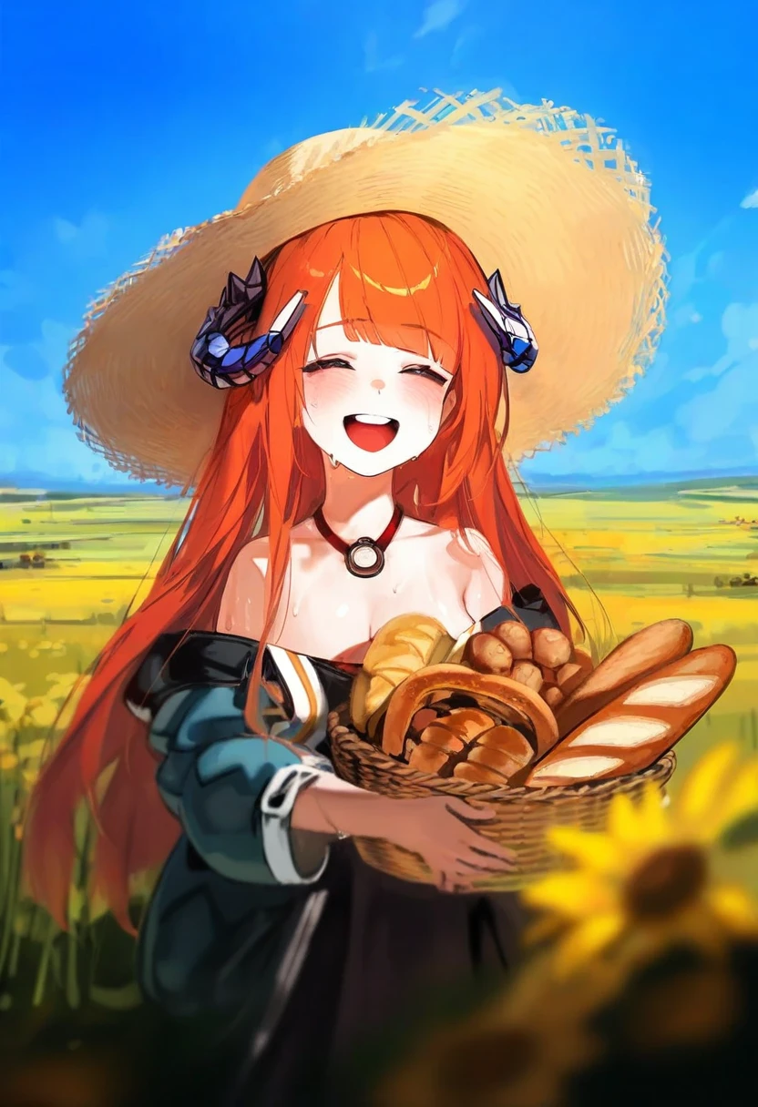 (ribiadan),[ciloranko],mikaze oto,[wlop], - 1girl,bagpipe \(arknights\),arknights,baguette,blush,bread,croissant,holding basket,pretzel,upper body,straw hat,field,sky,laughing,sweat,sunlight,
