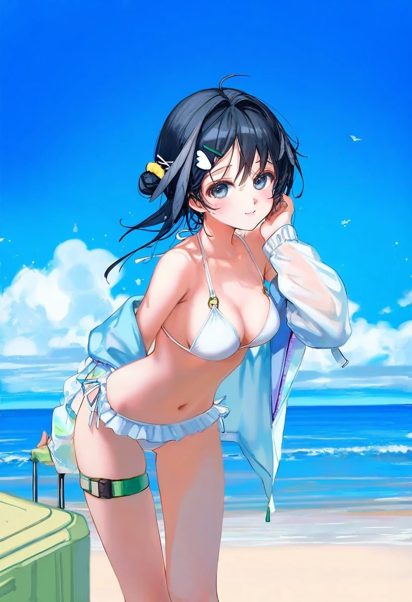 [wlop],ciloranko,[[usashiro mani]],[[[[as109]]]], - 1girl,la pluma \(summer flowers\) \(arknights\),arknights,white bikini,outdoors,navel,day,sky,blue sky,beach,suitcase,looking at viewer,ocean,low-tied long hair,leaning forward,standing,holding,frills,hand up,bare shoulders,floating hair,