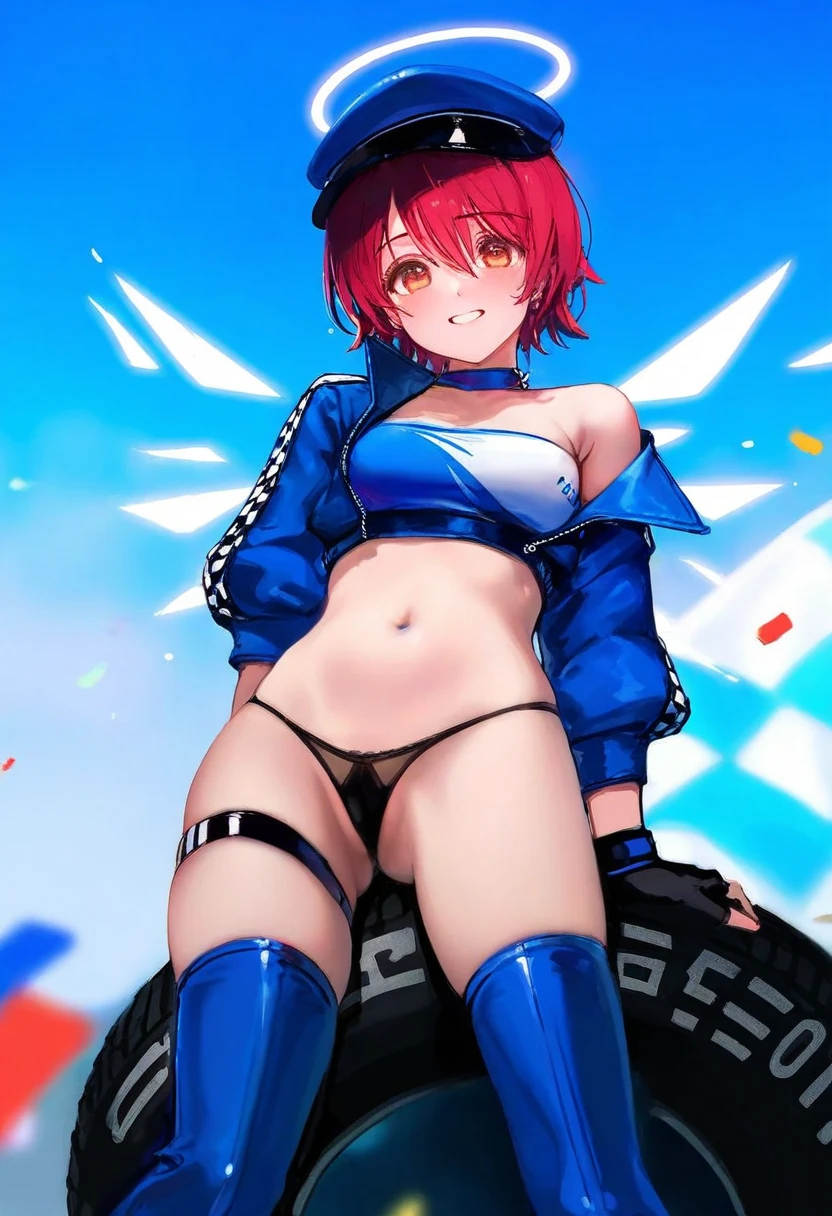 [wlop],ciloranko,[[usashiro mani]],[[[[as109]]]], - 1girl,exusiai \(arknights\),arknights,black gloves,black panties,blue thigh boots,blue hat,blue jacket,long sleeves,race queen,thigh strap,thong,single bare shoulder,skindentation,tire,