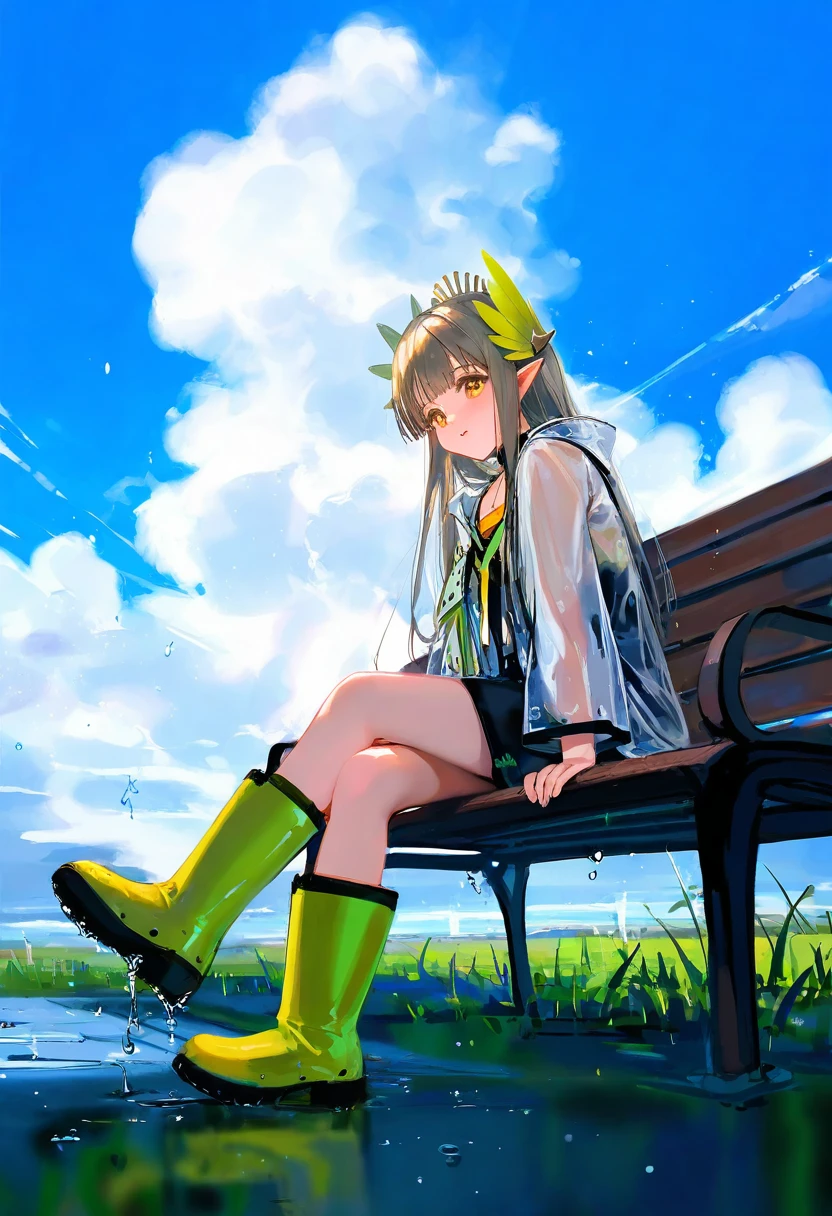 [wlop],ciloranko,[[usashiro mani]],[[[[as109]]]], - 1girl,muelsyse \(arknights\),arknights,cloudy sky,grass,on bench,outdoors,rain,road,yellow rubber boots,see-through coat,sitting,transparent raincoat,water drop,