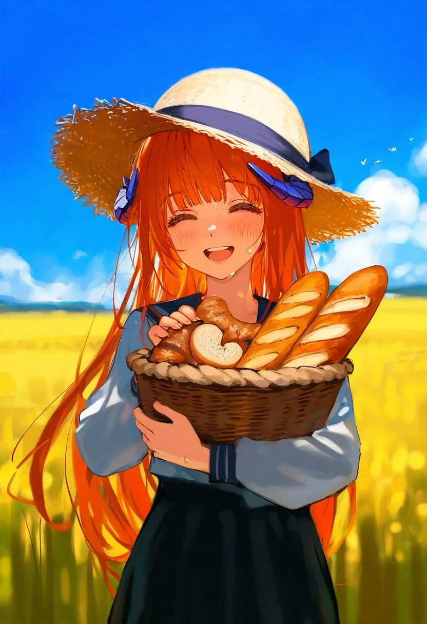 [wlop],ciloranko,[[usashiro mani]],[[[[as109]]]], - 1girl,bagpipe \(arknights\),arknights,baguette,blush,bread,croissant,holding basket,pretzel,upper body,straw hat,field,sky,laughing,sweat,sunlight,