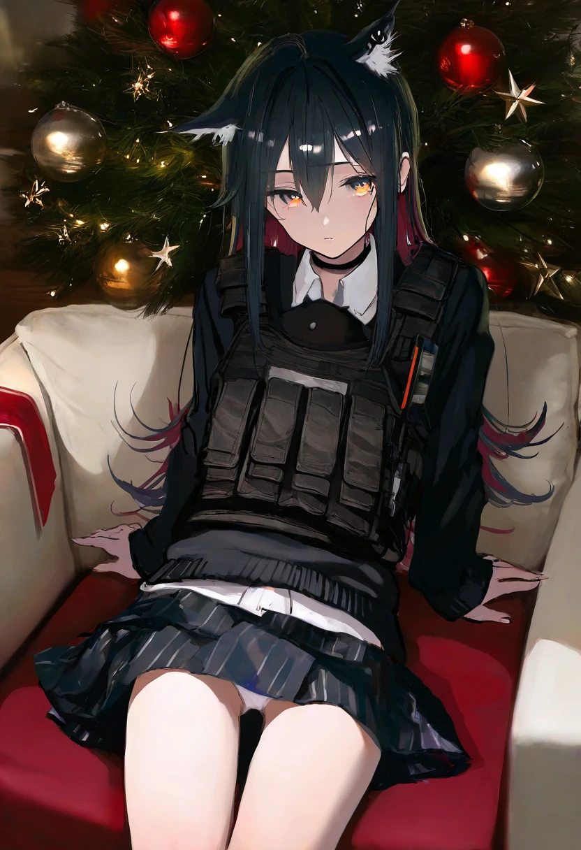 [[((mochizuki kei)),[[[as109,wlop]]],((asakuraf)),shion\(mirudakemann\)]], - 1girl,texas \(arknights\),arknights,underwear,tactical vest,christmas tree,christmas ornaments,