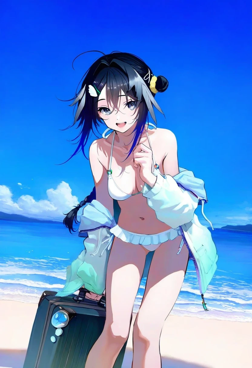 [[((mochizuki kei)),[[[as109,wlop]]],((asakuraf)),shion\(mirudakemann\)]], - 1girl,la pluma \(summer flowers\) \(arknights\),arknights,white bikini,outdoors,navel,day,sky,blue sky,beach,suitcase,looking at viewer,ocean,low-tied long hair,leaning forward,standing,holding,frills,hand up,bare shoulders,floating hair,
