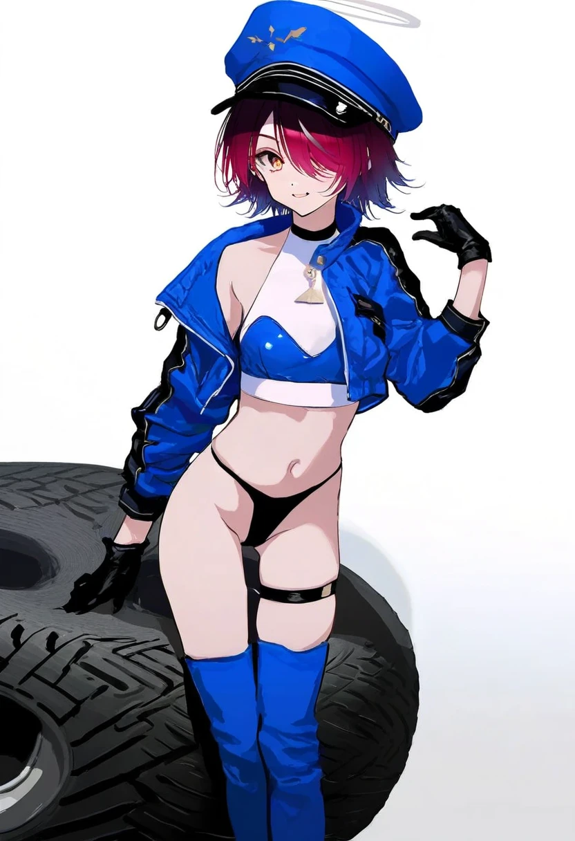 [[((mochizuki kei)),[[[as109,wlop]]],((asakuraf)),shion\(mirudakemann\)]], - 1girl,exusiai \(arknights\),arknights,black gloves,black panties,blue thigh boots,blue hat,blue jacket,long sleeves,race queen,thigh strap,thong,single bare shoulder,skindentation,tire,