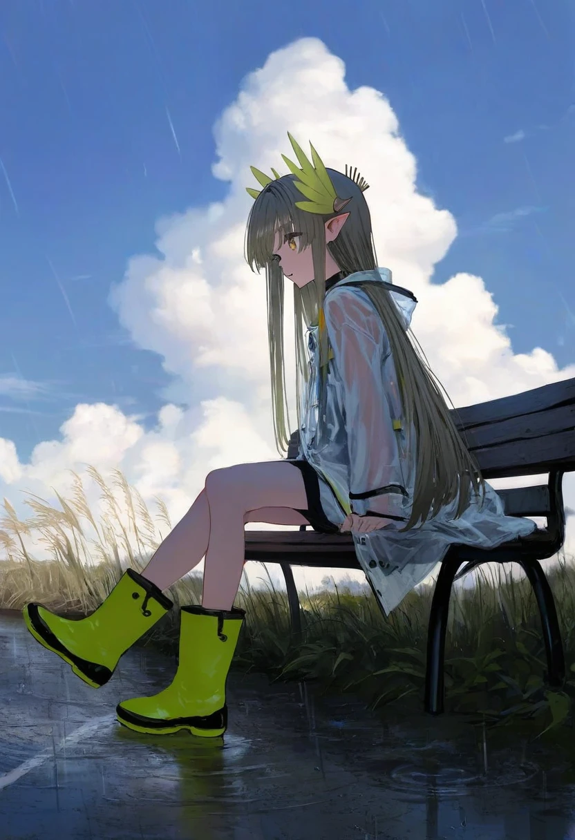 [[((mochizuki kei)),[[[as109,wlop]]],((asakuraf)),shion\(mirudakemann\)]], - 1girl,muelsyse \(arknights\),arknights,cloudy sky,grass,on bench,outdoors,rain,road,yellow rubber boots,see-through coat,sitting,transparent raincoat,water drop,