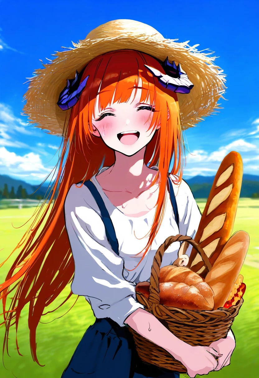 [[((mochizuki kei)),[[[as109,wlop]]],((asakuraf)),shion\(mirudakemann\)]], - 1girl,bagpipe \(arknights\),arknights,baguette,blush,bread,croissant,holding basket,pretzel,upper body,straw hat,field,sky,laughing,sweat,sunlight,