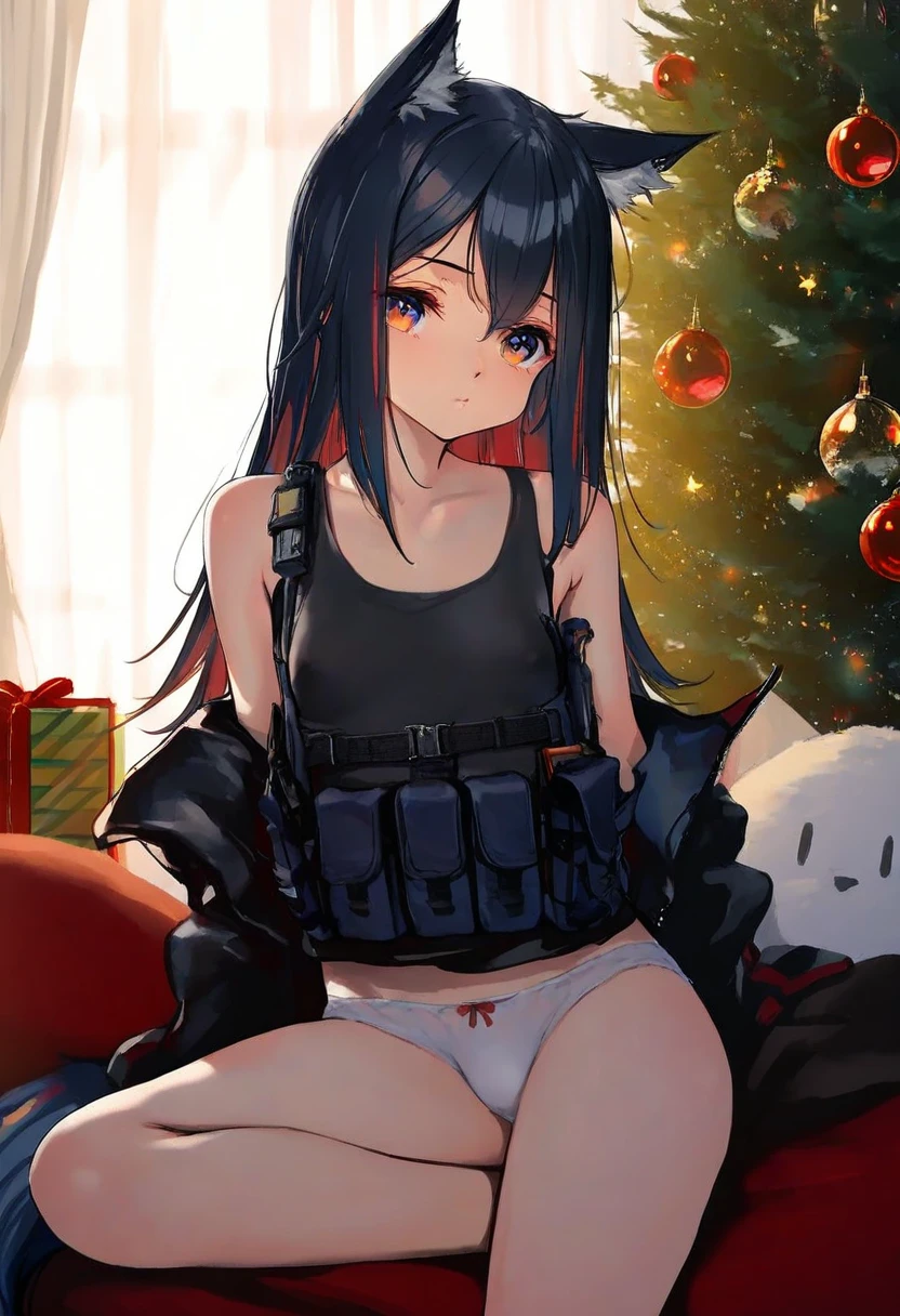 [kedama milk],[mika pikazo],[wlop],ke-ta,[As109],phtharticpaul, - 1girl,texas \(arknights\),arknights,underwear,tactical vest,christmas tree,christmas ornaments,