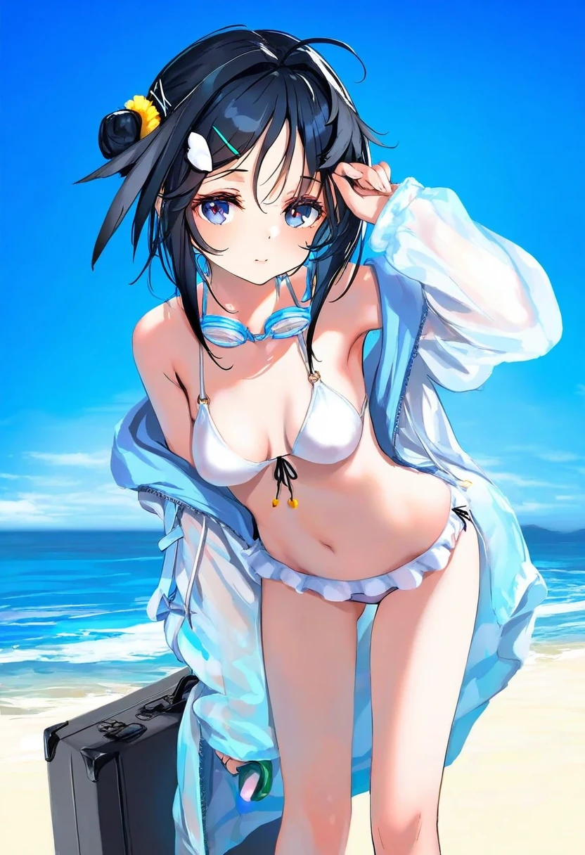 [kedama milk],[mika pikazo],[wlop],ke-ta,[As109],phtharticpaul, - 1girl,la pluma \(summer flowers\) \(arknights\),arknights,white bikini,outdoors,navel,day,sky,blue sky,beach,suitcase,looking at viewer,ocean,low-tied long hair,leaning forward,standing,holding,frills,hand up,bare shoulders,floating hair,