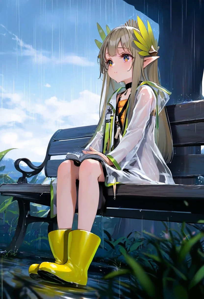 [kedama milk],[mika pikazo],[wlop],ke-ta,[As109],phtharticpaul, - 1girl,muelsyse \(arknights\),arknights,cloudy sky,grass,on bench,outdoors,rain,road,yellow rubber boots,see-through coat,sitting,transparent raincoat,water drop,