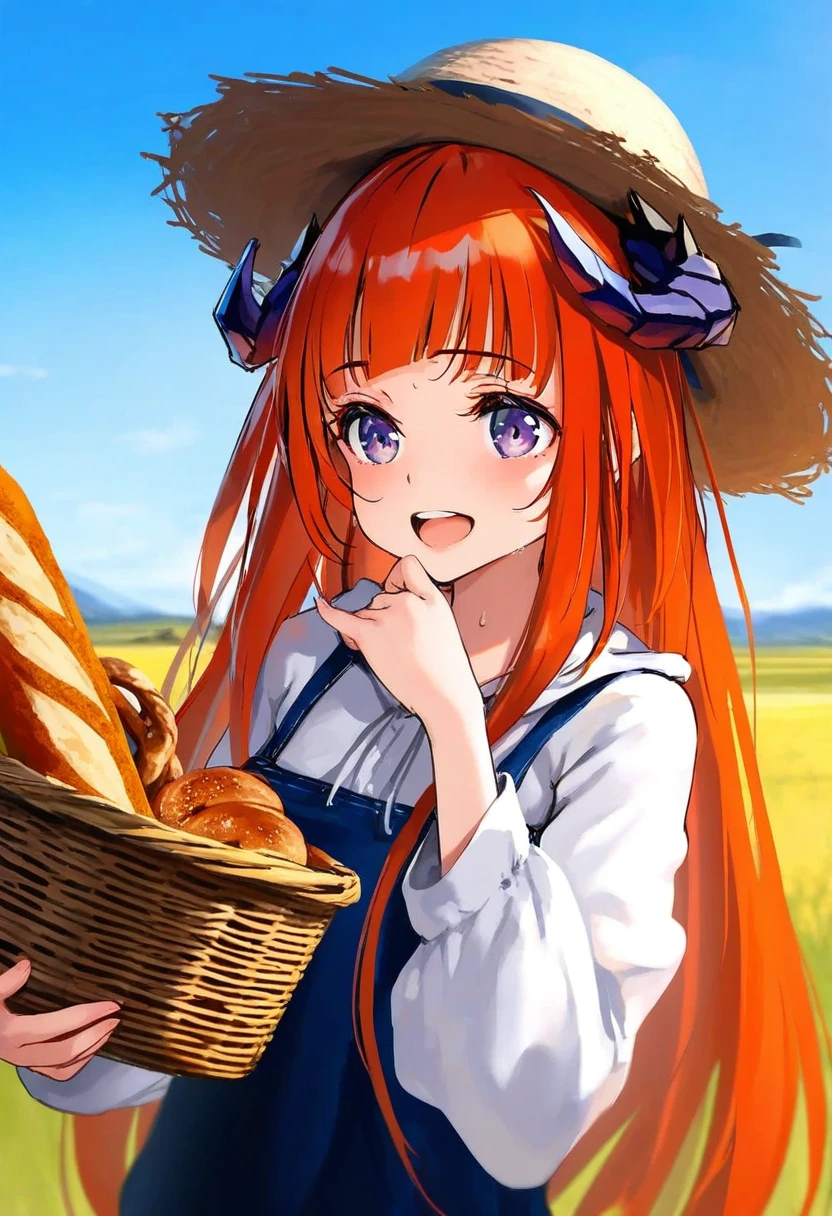 [kedama milk],[mika pikazo],[wlop],ke-ta,[As109],phtharticpaul, - 1girl,bagpipe \(arknights\),arknights,baguette,blush,bread,croissant,holding basket,pretzel,upper body,straw hat,field,sky,laughing,sweat,sunlight,
