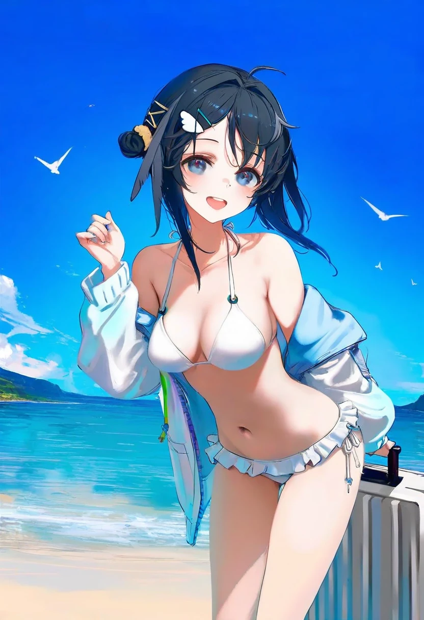 (wlop,reoen),[kedama milk],momoco,ke-ta,40hara,[As109],Torino,ask\(askzy\),ciloranko,[sho \(sho lwlw\)],wlop,[Rella],[omone hokoma agm], - 1girl,la pluma \(summer flowers\) \(arknights\),arknights,white bikini,outdoors,navel,day,sky,blue sky,beach,suitcase,looking at viewer,ocean,low-tied long hair,leaning forward,standing,holding,frills,hand up,bare shoulders,floating hair,
