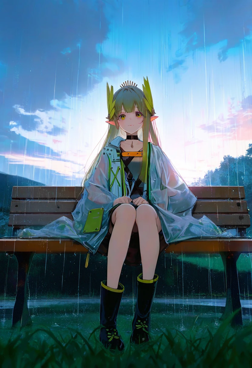 (wlop,reoen),[kedama milk],momoco,ke-ta,40hara,[As109],Torino,ask\(askzy\),ciloranko,[sho \(sho lwlw\)],wlop,[Rella],[omone hokoma agm], - 1girl,muelsyse \(arknights\),arknights,cloudy sky,grass,on bench,outdoors,rain,road,yellow rubber boots,see-through coat,sitting,transparent raincoat,water drop,