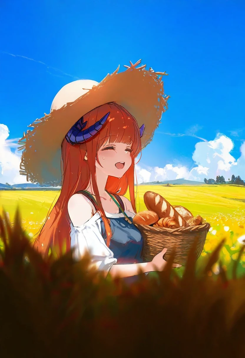 (wlop,reoen),[kedama milk],momoco,ke-ta,40hara,[As109],Torino,ask\(askzy\),ciloranko,[sho \(sho lwlw\)],wlop,[Rella],[omone hokoma agm], - 1girl,bagpipe \(arknights\),arknights,baguette,blush,bread,croissant,holding basket,pretzel,upper body,straw hat,field,sky,laughing,sweat,sunlight,