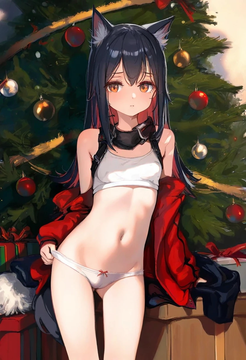 [kedama milk],[wlop],ke-ta,[ciloranko],[As109], - 1girl,texas \(arknights\),arknights,underwear,tactical vest,christmas tree,christmas ornaments,