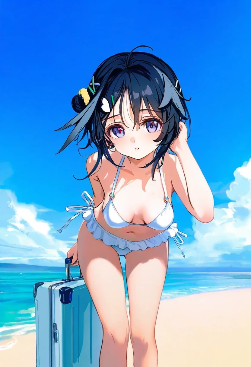 [kedama milk],[wlop],ke-ta,[ciloranko],[As109], - 1girl,la pluma \(summer flowers\) \(arknights\),arknights,white bikini,outdoors,navel,day,sky,blue sky,beach,suitcase,looking at viewer,ocean,low-tied long hair,leaning forward,standing,holding,frills,hand up,bare shoulders,floating hair,