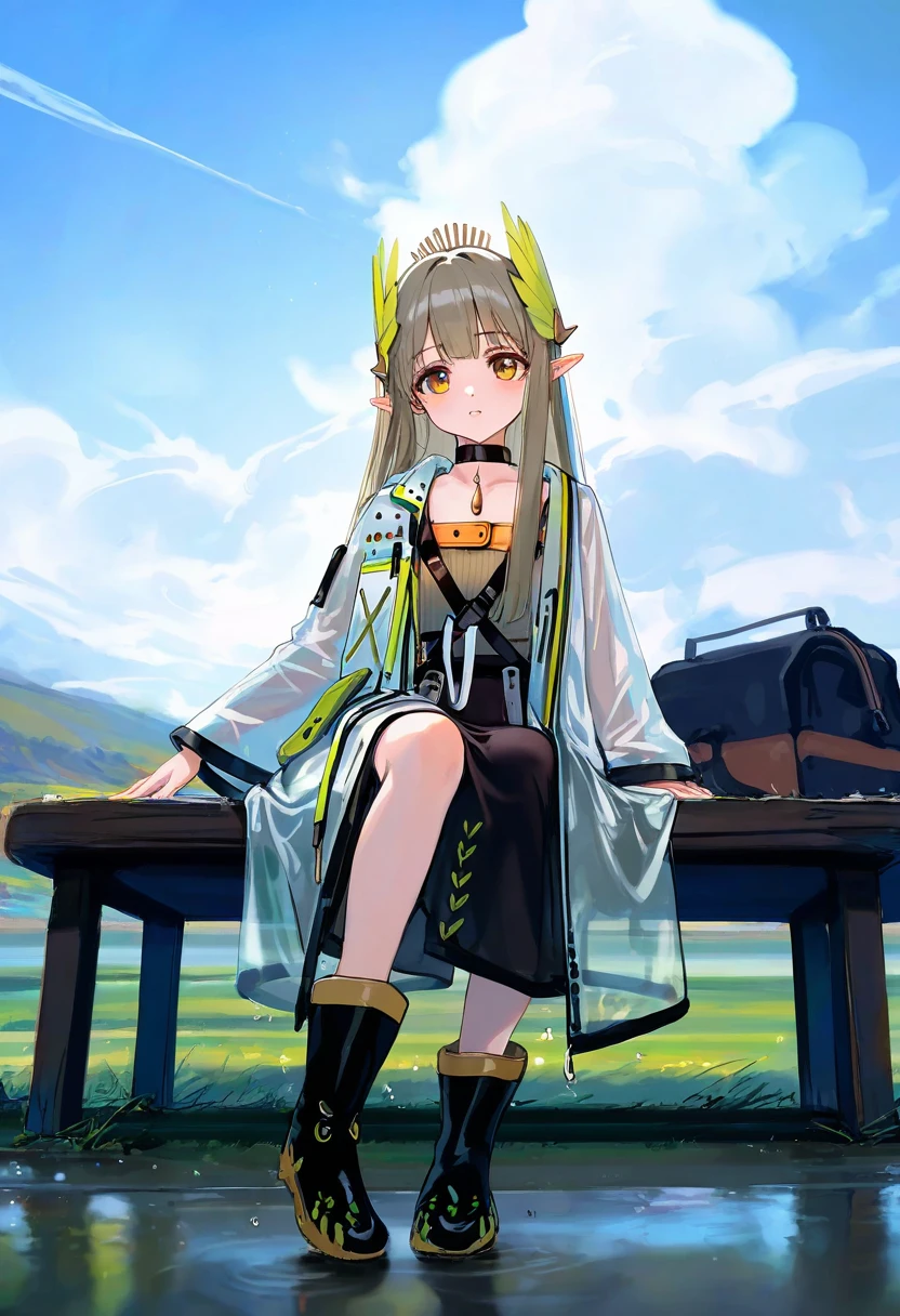 [kedama milk],[wlop],ke-ta,[ciloranko],[As109], - 1girl,muelsyse \(arknights\),arknights,cloudy sky,grass,on bench,outdoors,rain,road,yellow rubber boots,see-through coat,sitting,transparent raincoat,water drop,