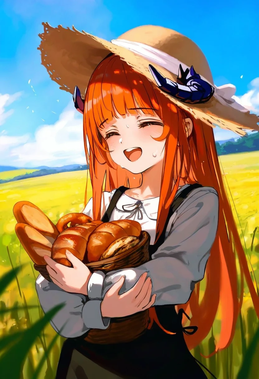 [kedama milk],[wlop],ke-ta,[ciloranko],[As109], - 1girl,bagpipe \(arknights\),arknights,baguette,blush,bread,croissant,holding basket,pretzel,upper body,straw hat,field,sky,laughing,sweat,sunlight,