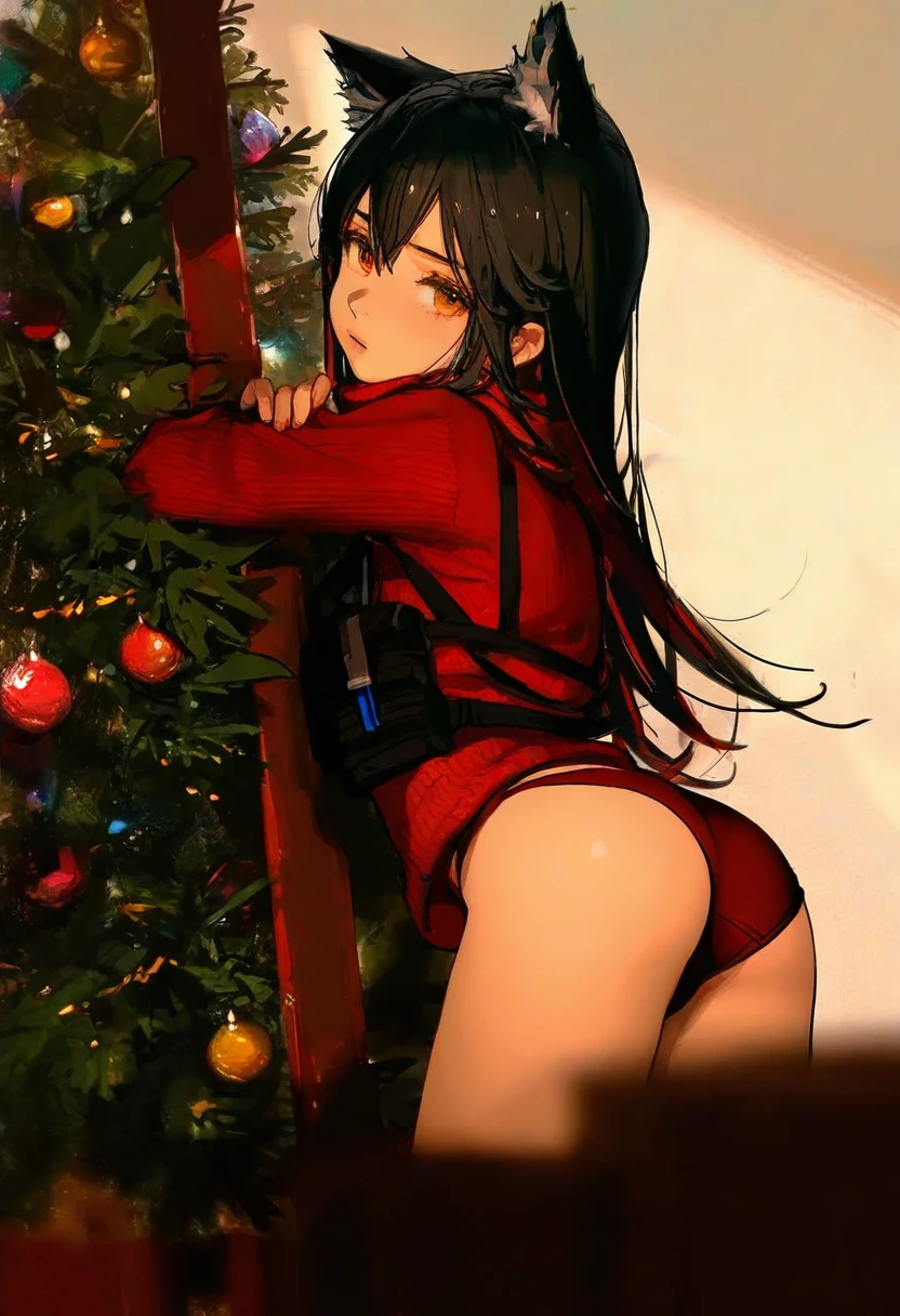 ask\(askzy\),[[wlop],ciloranko],As109, - 1girl,texas \(arknights\),arknights,underwear,tactical vest,christmas tree,christmas ornaments,