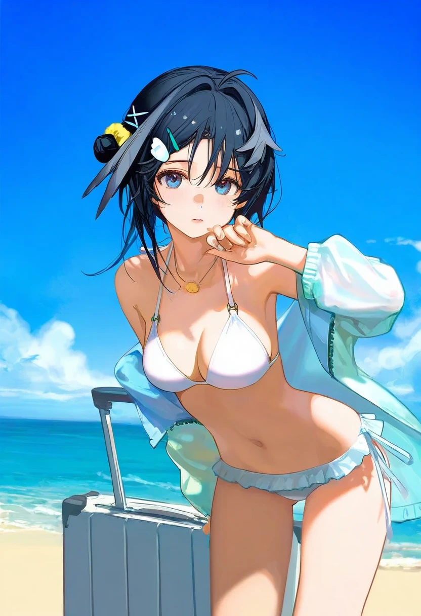 ask\(askzy\),[[wlop],ciloranko],As109, - 1girl,la pluma \(summer flowers\) \(arknights\),arknights,white bikini,outdoors,navel,day,sky,blue sky,beach,suitcase,looking at viewer,ocean,low-tied long hair,leaning forward,standing,holding,frills,hand up,bare shoulders,floating hair,