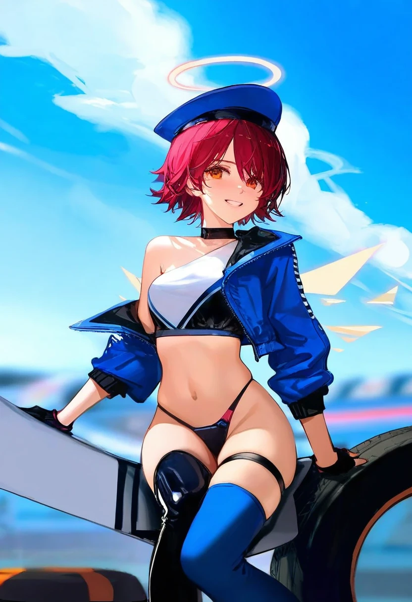 ask\(askzy\),[[wlop],ciloranko],As109, - 1girl,exusiai \(arknights\),arknights,black gloves,black panties,blue thigh boots,blue hat,blue jacket,long sleeves,race queen,thigh strap,thong,single bare shoulder,skindentation,tire,