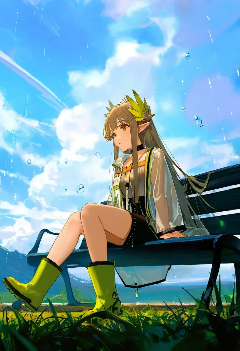 ask\(askzy\),[[wlop],ciloranko],As109, - 1girl,muelsyse \(arknights\),arknights,cloudy sky,grass,on bench,outdoors,rain,road,yellow rubber boots,see-through coat,sitting,transparent raincoat,water drop,