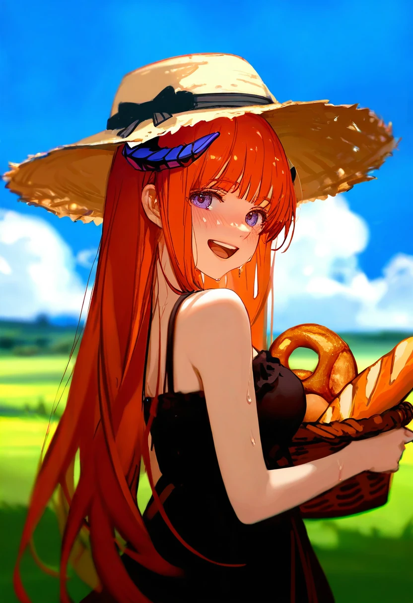 ask\(askzy\),[[wlop],ciloranko],As109, - 1girl,bagpipe \(arknights\),arknights,baguette,blush,bread,croissant,holding basket,pretzel,upper body,straw hat,field,sky,laughing,sweat,sunlight,