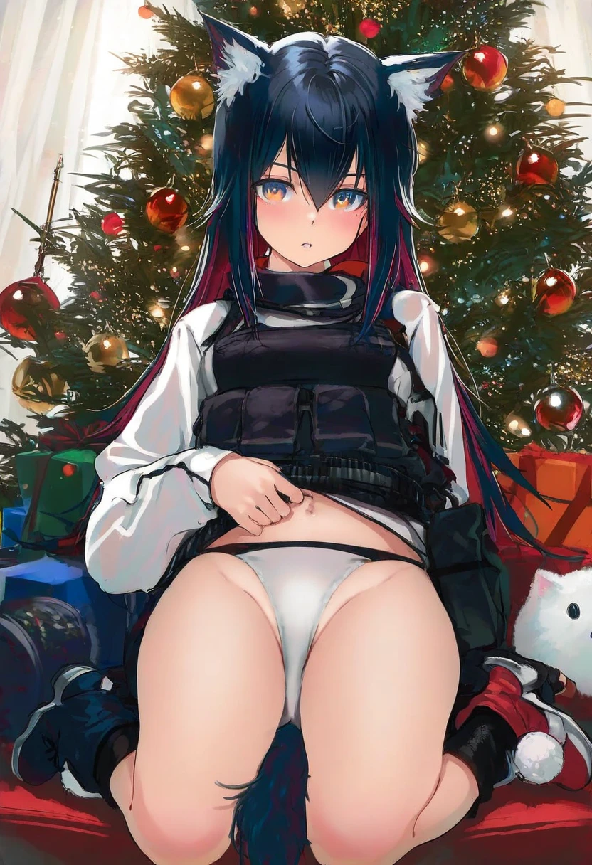 [40hara,kedama milk],mika pikazo,(wlop,reoen),happoubi jin, - 1girl,texas \(arknights\),arknights,underwear,tactical vest,christmas tree,christmas ornaments,