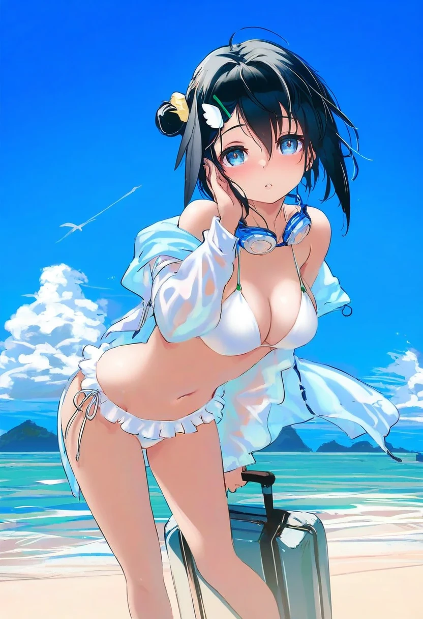[40hara,kedama milk],mika pikazo,(wlop,reoen),happoubi jin, - 1girl,la pluma \(summer flowers\) \(arknights\),arknights,white bikini,outdoors,navel,day,sky,blue sky,beach,suitcase,looking at viewer,ocean,low-tied long hair,leaning forward,standing,holding,frills,hand up,bare shoulders,floating hair,