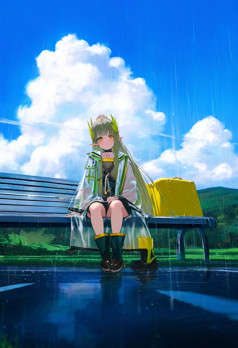 [40hara,kedama milk],mika pikazo,(wlop,reoen),happoubi jin, - 1girl,muelsyse \(arknights\),arknights,cloudy sky,grass,on bench,outdoors,rain,road,yellow rubber boots,see-through coat,sitting,transparent raincoat,water drop,