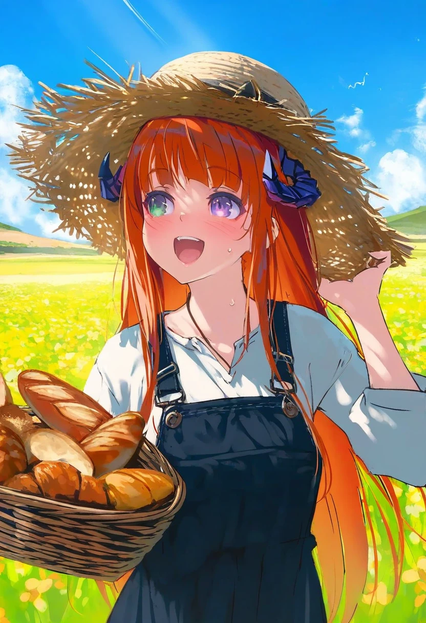 [40hara,kedama milk],mika pikazo,(wlop,reoen),happoubi jin, - 1girl,bagpipe \(arknights\),arknights,baguette,blush,bread,croissant,holding basket,pretzel,upper body,straw hat,field,sky,laughing,sweat,sunlight,