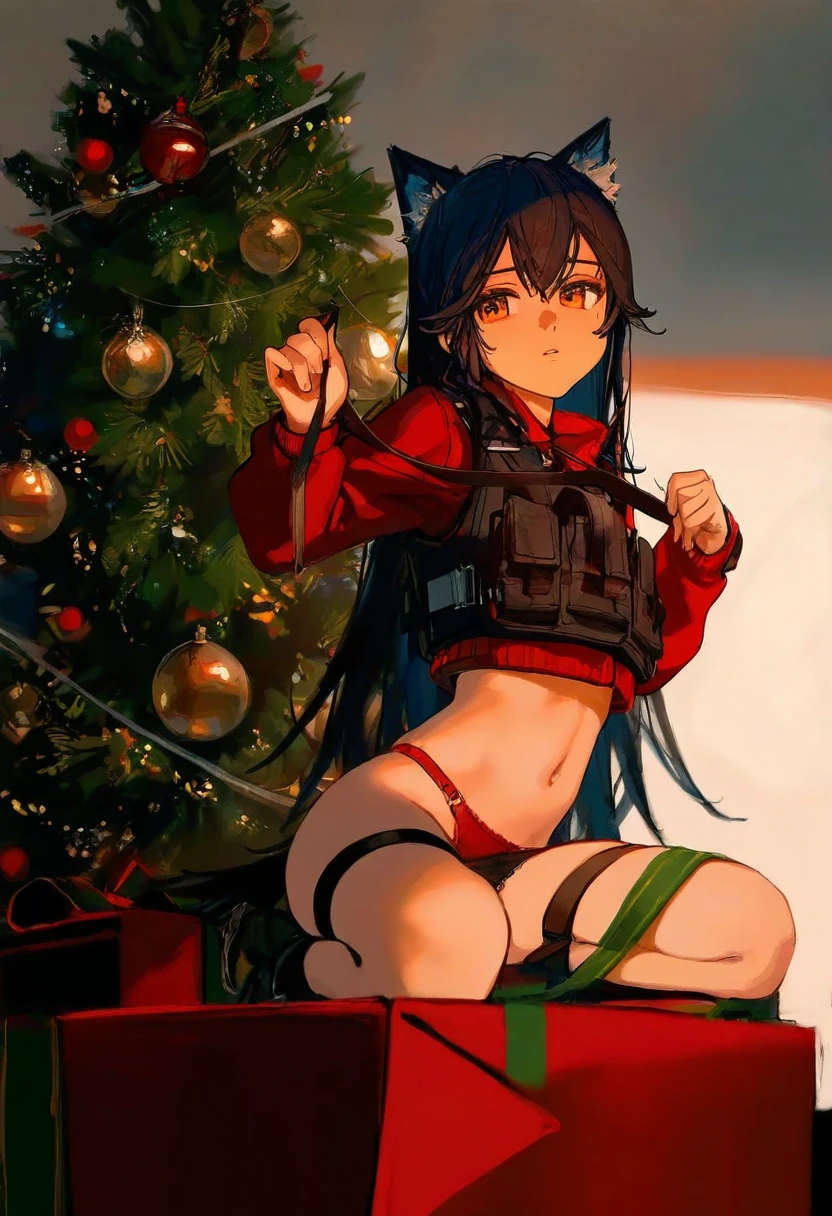 [ningenmame],ciloranko,[[[wlop]]],[[rhasta]],[As109], - 1girl,texas \(arknights\),arknights,underwear,tactical vest,christmas tree,christmas ornaments,