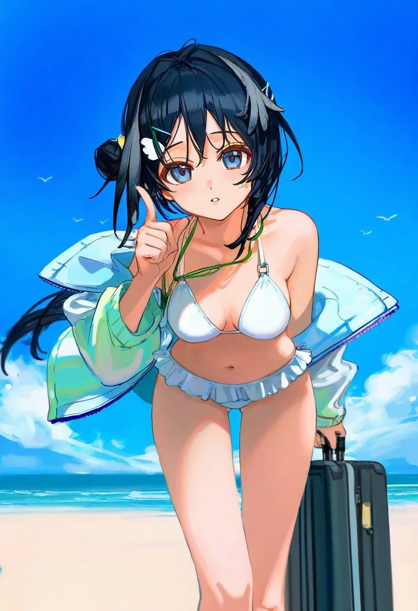 [ningenmame],ciloranko,[[[wlop]]],[[rhasta]],[As109], - 1girl,la pluma \(summer flowers\) \(arknights\),arknights,white bikini,outdoors,navel,day,sky,blue sky,beach,suitcase,looking at viewer,ocean,low-tied long hair,leaning forward,standing,holding,frills,hand up,bare shoulders,floating hair,