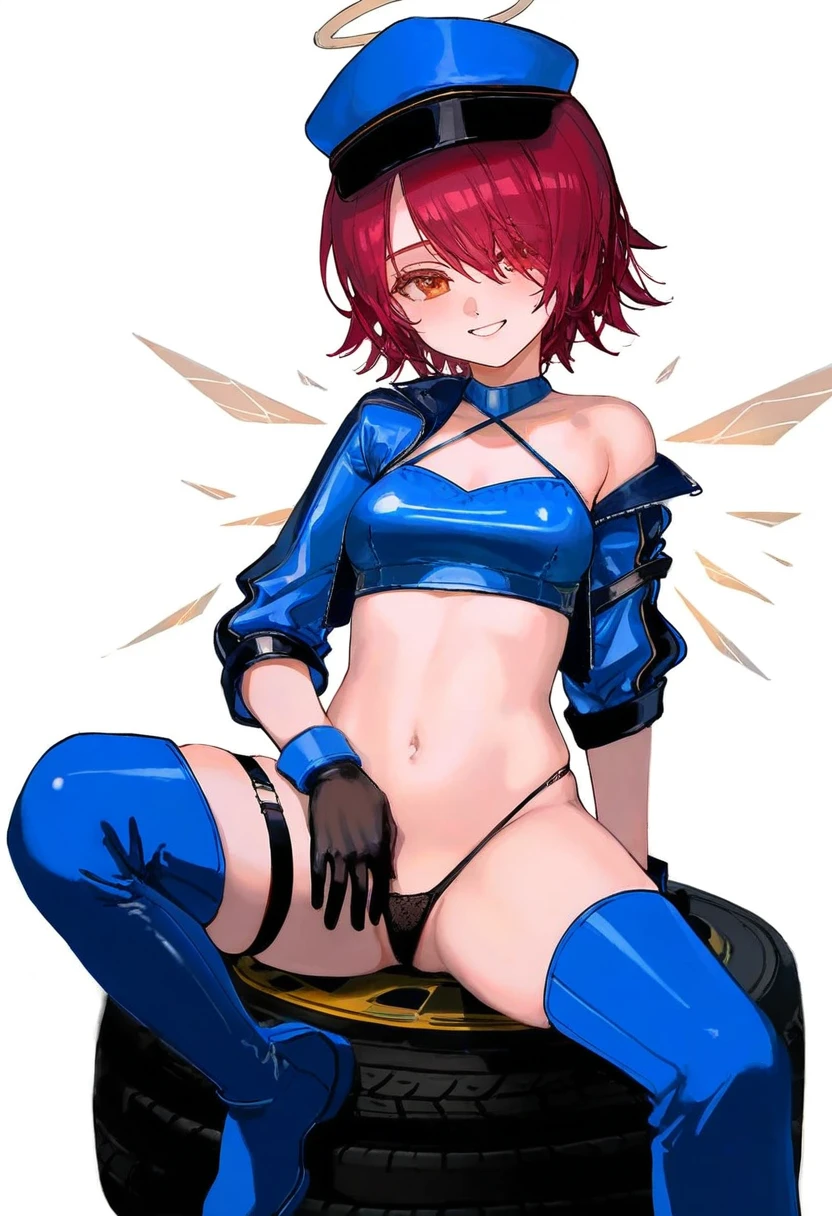 [ningenmame],ciloranko,[[[wlop]]],[[rhasta]],[As109], - 1girl,exusiai \(arknights\),arknights,black gloves,black panties,blue thigh boots,blue hat,blue jacket,long sleeves,race queen,thigh strap,thong,single bare shoulder,skindentation,tire,
