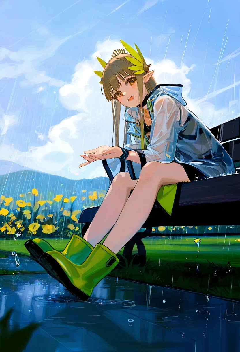 [ningenmame],ciloranko,[[[wlop]]],[[rhasta]],[As109], - 1girl,muelsyse \(arknights\),arknights,cloudy sky,grass,on bench,outdoors,rain,road,yellow rubber boots,see-through coat,sitting,transparent raincoat,water drop,