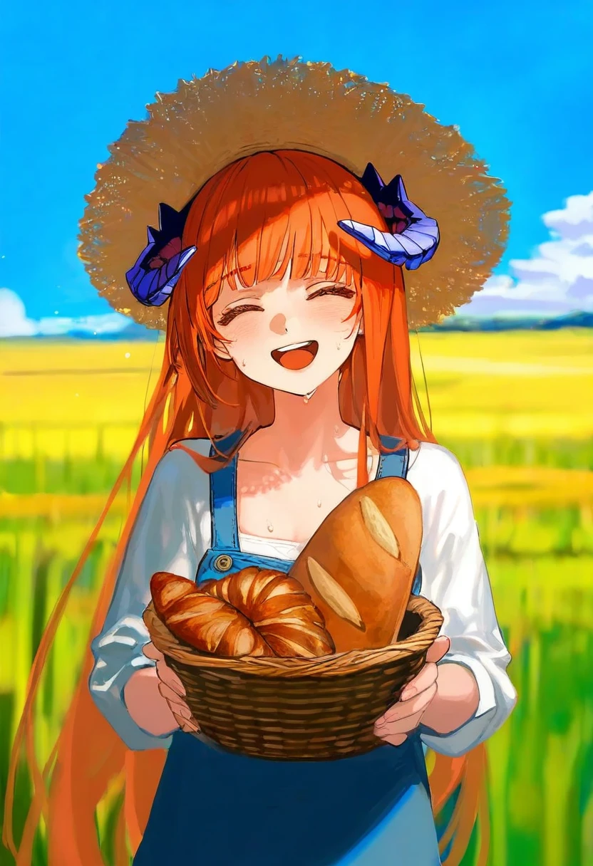 [ningenmame],ciloranko,[[[wlop]]],[[rhasta]],[As109], - 1girl,bagpipe \(arknights\),arknights,baguette,blush,bread,croissant,holding basket,pretzel,upper body,straw hat,field,sky,laughing,sweat,sunlight,