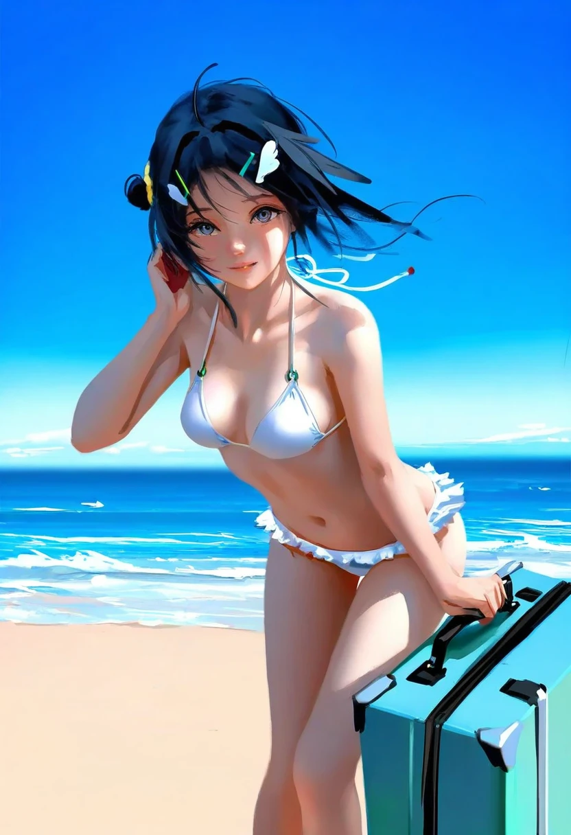 [wlop],[[as109]],Ito Junji, - 1girl,la pluma \(summer flowers\) \(arknights\),arknights,white bikini,outdoors,navel,day,sky,blue sky,beach,suitcase,looking at viewer,ocean,low-tied long hair,leaning forward,standing,holding,frills,hand up,bare shoulders,floating hair,