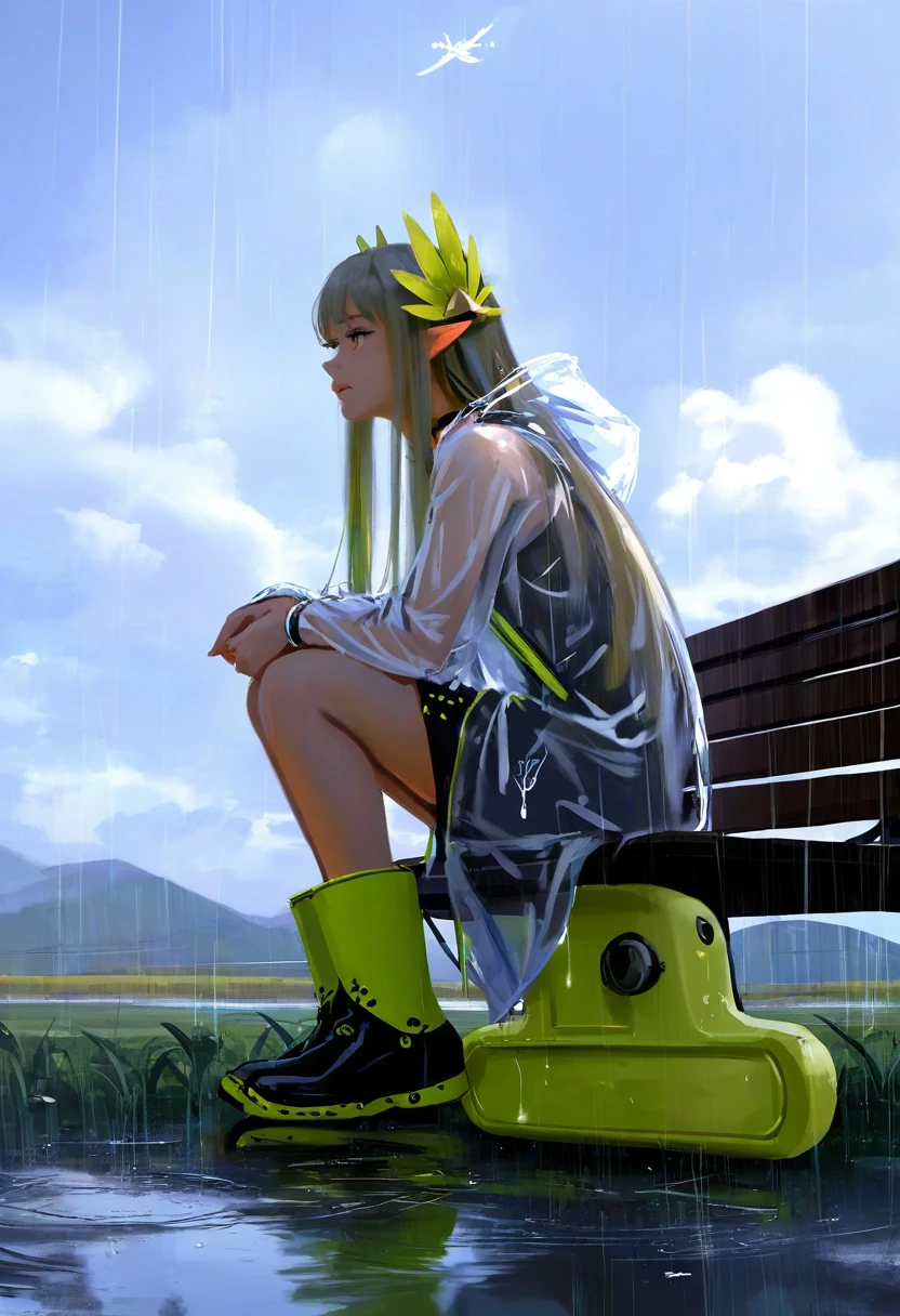 [wlop],[[as109]],Ito Junji, - 1girl,muelsyse \(arknights\),arknights,cloudy sky,grass,on bench,outdoors,rain,road,yellow rubber boots,see-through coat,sitting,transparent raincoat,water drop,