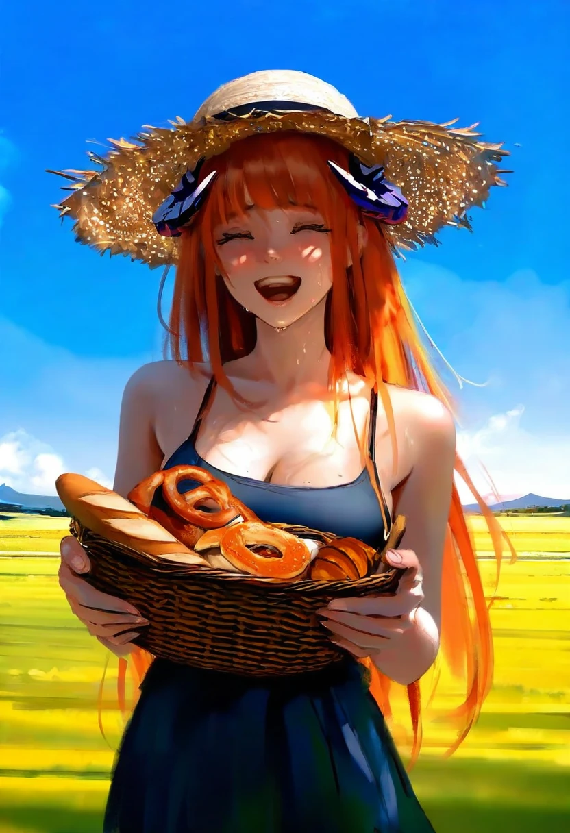 [wlop],[[as109]],Ito Junji, - 1girl,bagpipe \(arknights\),arknights,baguette,blush,bread,croissant,holding basket,pretzel,upper body,straw hat,field,sky,laughing,sweat,sunlight,